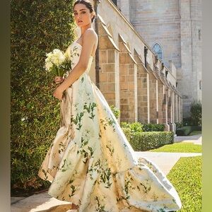 MESTIZA NEW YORK: GEORGIANA GOWN IN IVORY & GREEN